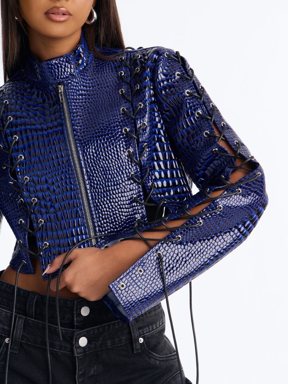 Cropped jacket with crocodile print and lace-up detail